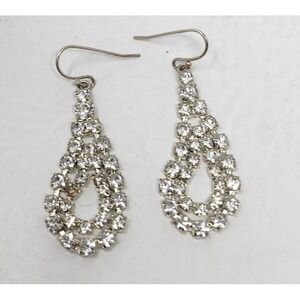 Vintage Long Teardrop Dangle Clear Rhinestone Earrings Silver Tone Bridal Prom